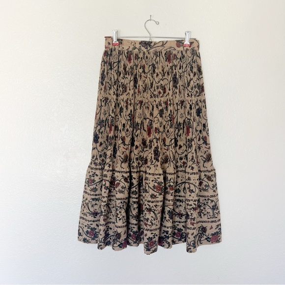 Vintage Dresses & Skirts - Vintage Linen Floral Skirt High Waist Knife Pleat Midi Flower Print Tan Beige M